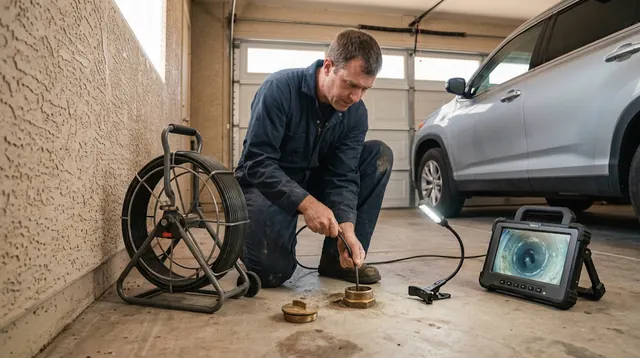 Plumber inspecting a drain line with a sewer camera
