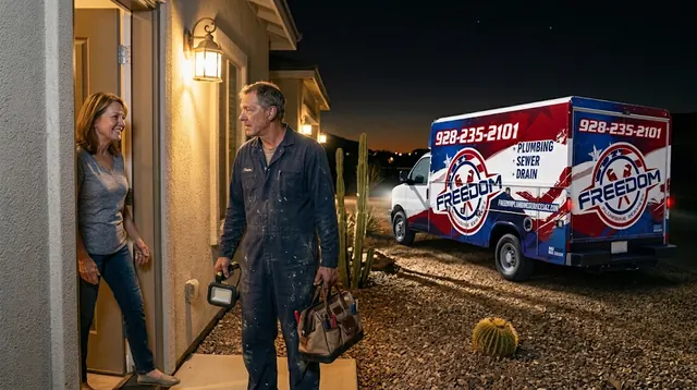 Emergency plumber arriving for a nighttime service call