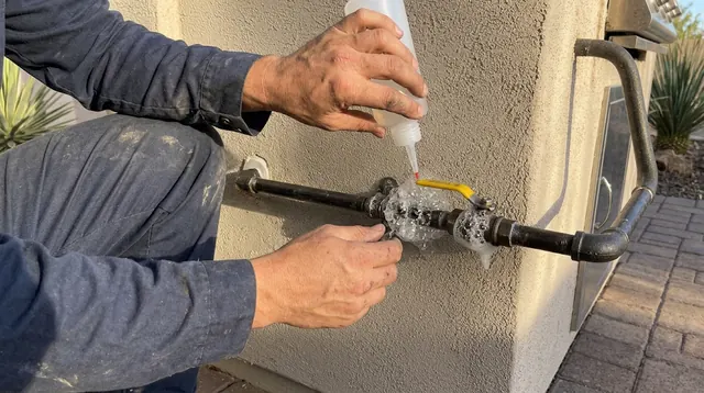 Plumber testing an outdoor gas line for leaks