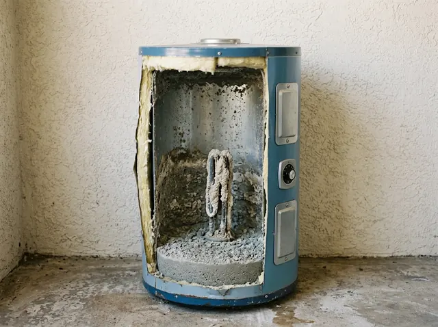 Water heater cut open to show severe mineral buildup from hard water