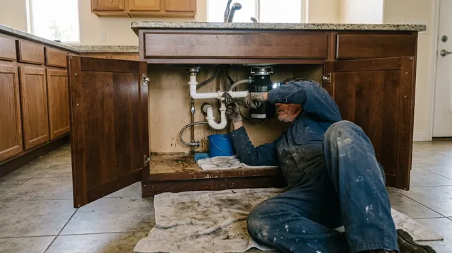 Plumber repairing an under-sink leak