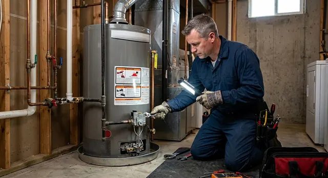 Plumber servicing a residential water heater