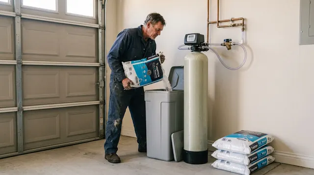 Plumber adding salt to a residential water softener