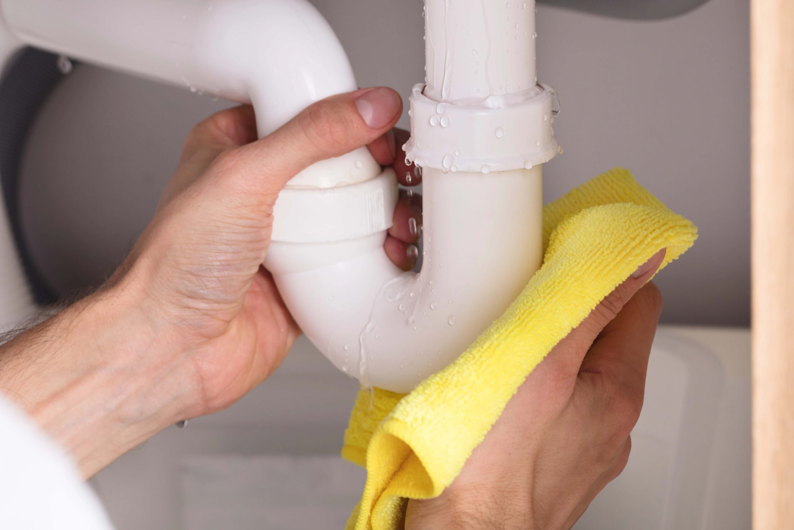 Close up Of A Persons Hand Holding Yellow Napkin Under Sink Pipe Leakage scaled