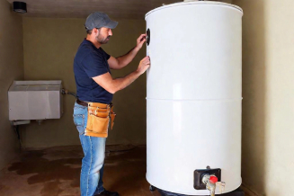Show a man working on a round, four foot tall 40 gallon hot water tank in a dirty basement with inlet and outlet pipes at the top of the tank — Photo